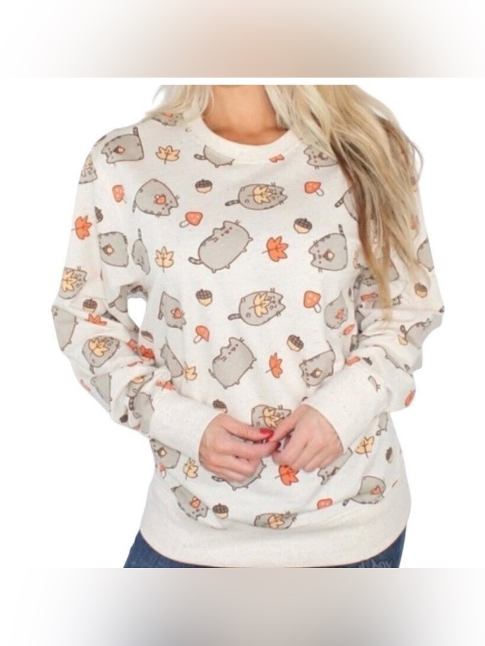 Pusheen Womens XS Sweatshirt Gray Autumn Fall Mushroom Acorn All Over Print